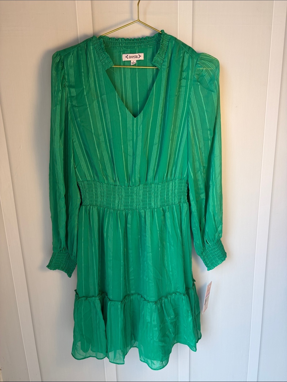 Nanette Lepore Emerald Green Long-Sleeve Smocked Waist Dress